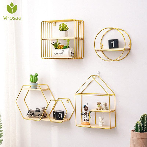Hot Wooden Gold Storage Racks Hanging Decor Storage Box Flower Pot House Storage Rack Wall Book Figurines Display Crafts Shelves