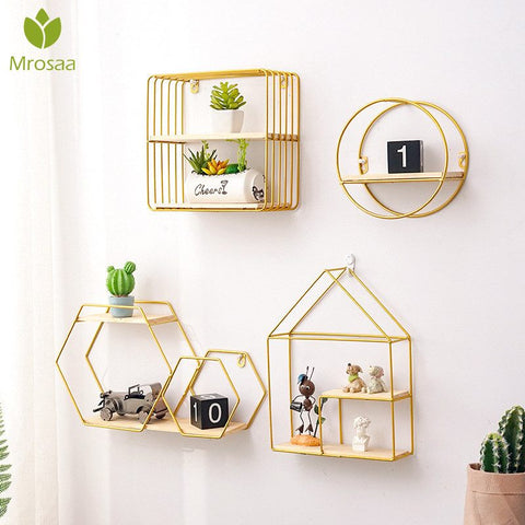 Hot Wooden Gold Storage Racks Hanging Decor Storage Box Flower Pot House Storage Rack Wall Book Figurines Display Crafts Shelves